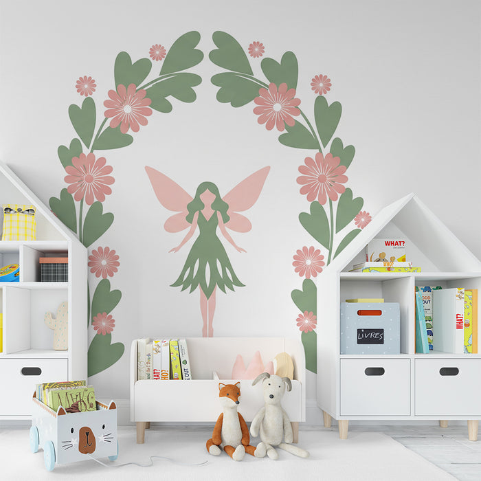 Papier peint chambre bébé | Fée délicate entourée de fleurs roses et vertes