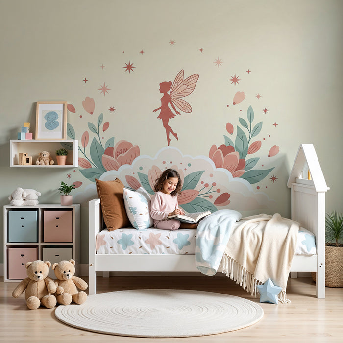 Papier peint chambre bébé | Fée délicate entourée de pivoines et de feuillage délicat