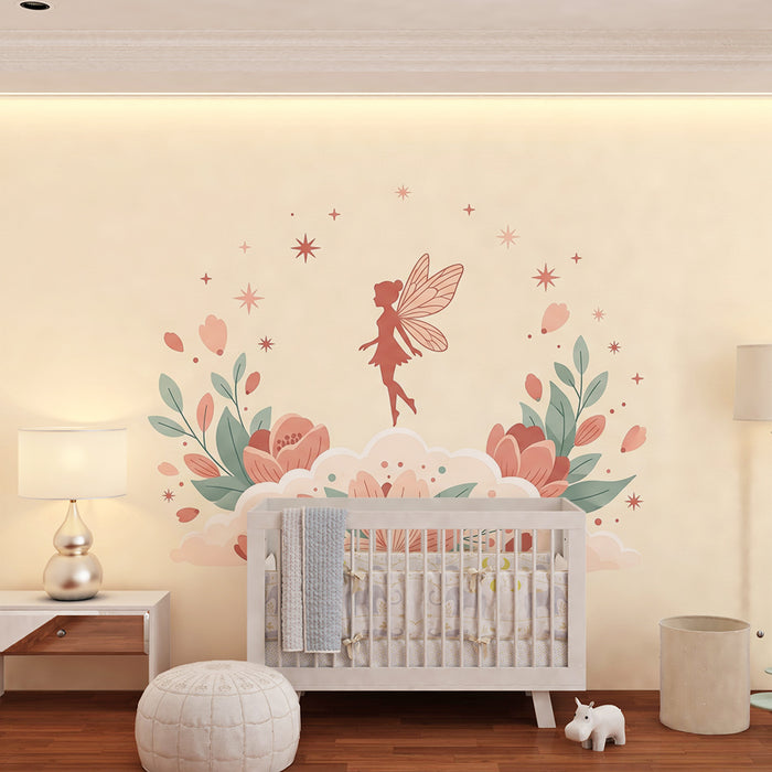 Papier peint chambre bébé | Fée délicate entourée de pivoines et de feuillage délicat