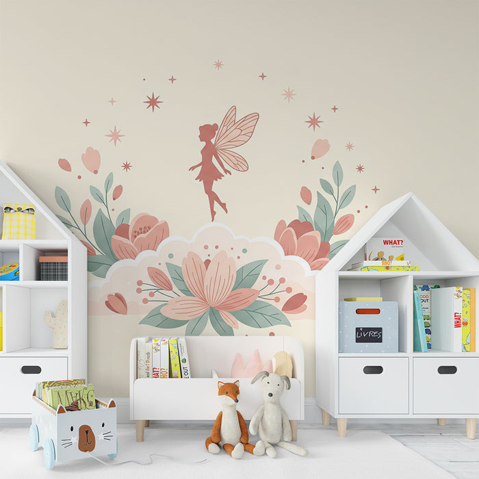 Papier peint chambre bébé | Fée délicate entourée de pivoines et de feuillage délicat
