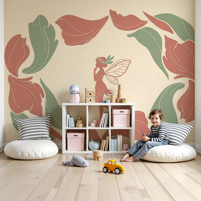 Papier peint chambre bébé | Fée délicate entourée de pivoines stylisées