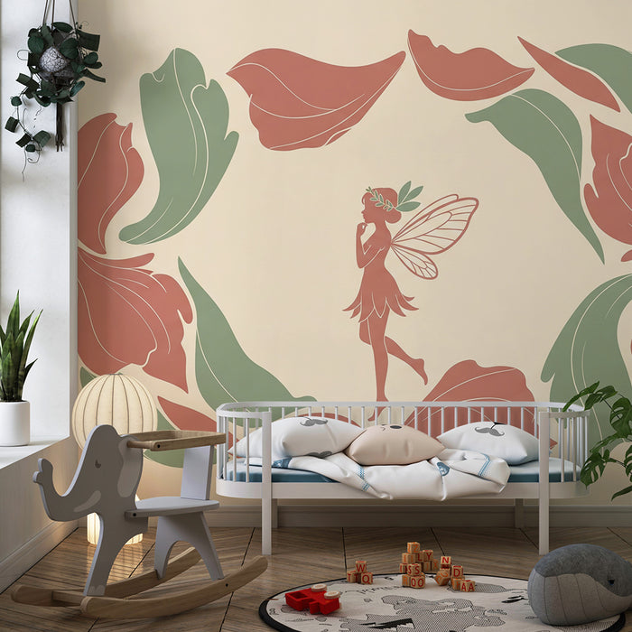 Papier peint chambre bébé | Fée délicate entourée de pivoines stylisées