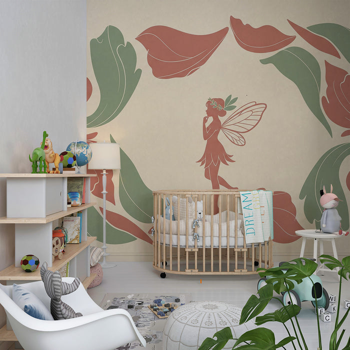 Papier peint chambre bébé | Fée délicate entourée de pivoines stylisées