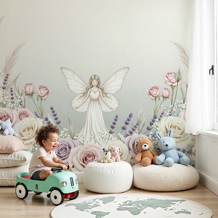 Nursery room wallpaper | Delicate fairy surrounded by roses and flowers
