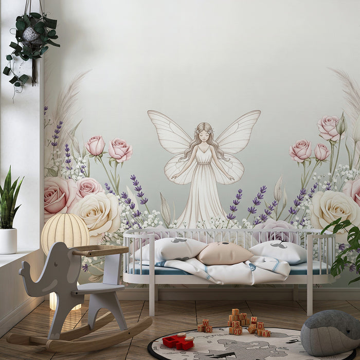 Nursery room wallpaper | Delicate fairy surrounded by roses and flowers