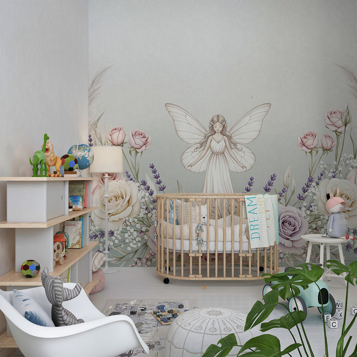 Nursery room wallpaper | Delicate fairy surrounded by roses and flowers
