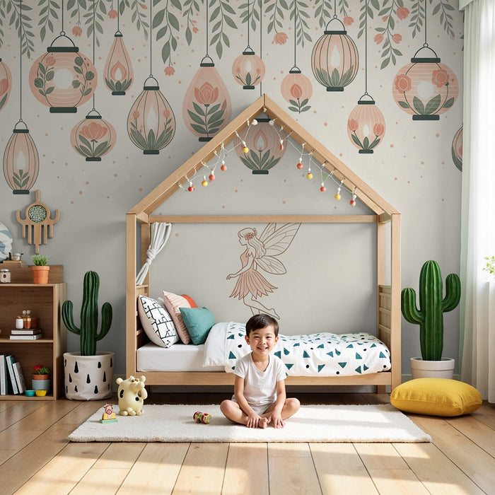 Papier peint chambre bébé | Fée délicate et lanternes florales suspendues