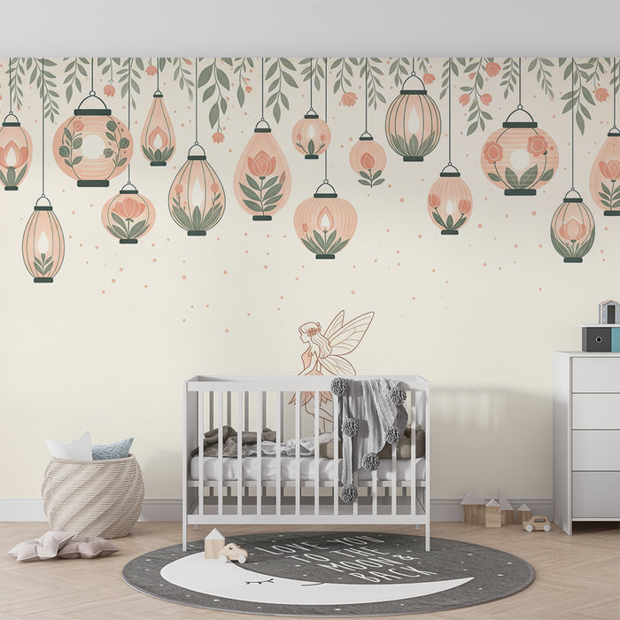 Papier peint chambre bébé | Fée délicate et lanternes florales suspendues