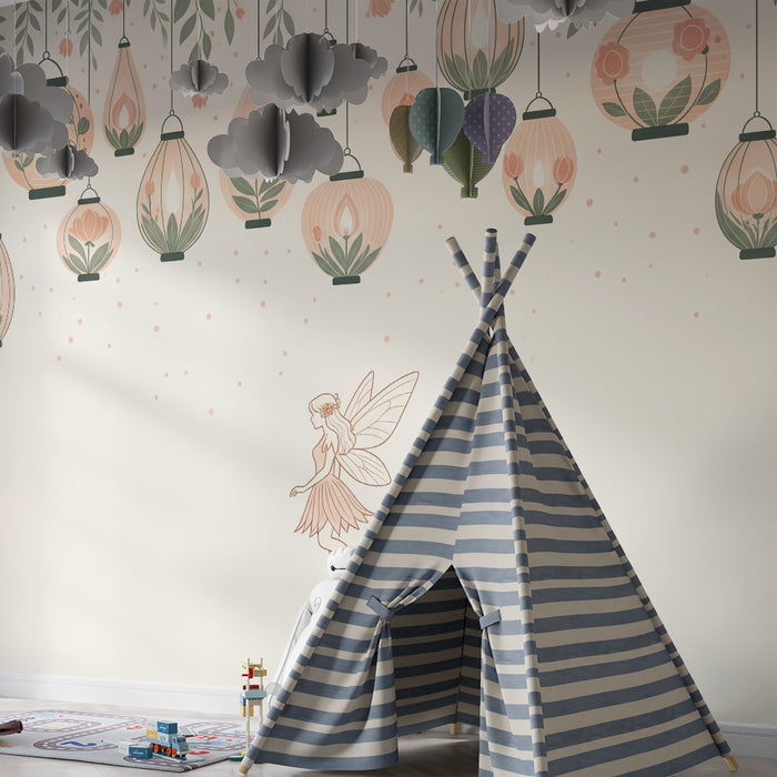 Papier peint chambre bébé | Fée délicate et lanternes florales suspendues