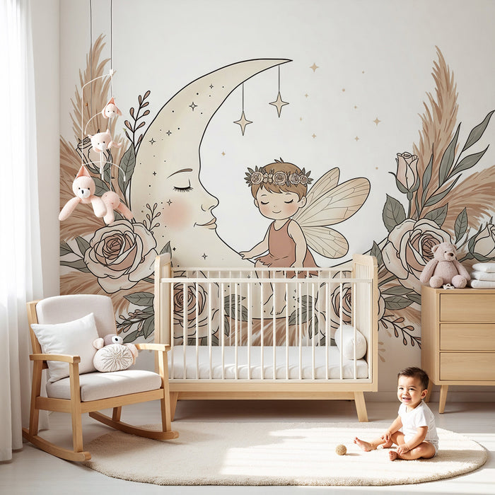 Nursery room wallpaper | Delicate fairy and enchanted moon surrounded by flowers