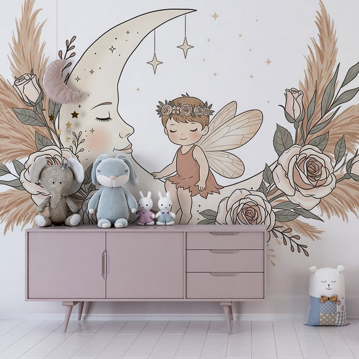 Nursery room wallpaper | Delicate fairy and enchanted moon surrounded by flowers
