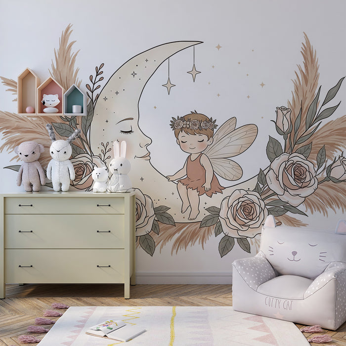 Nursery room wallpaper | Delicate fairy and enchanted moon surrounded by flowers