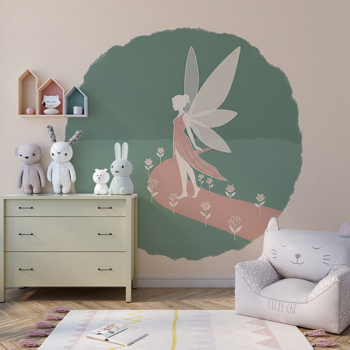 Papier peint chambre bébé | Fée délicate sur un chemin fleuri