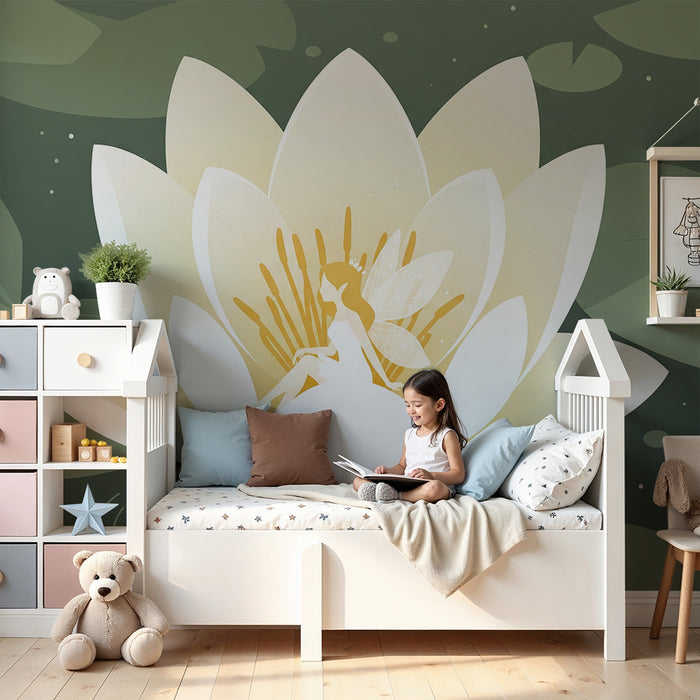 Papel pintado para habitación de bebé | Hada delicada sobre una flor de loto en un entorno acuático relajante