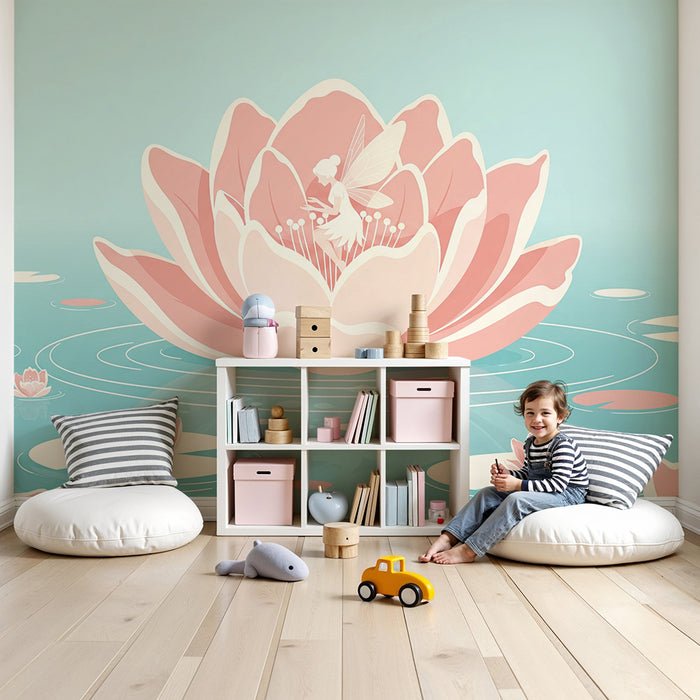 Papier peint chambre bébé | Fée délicate sur une fleur de lotus rose dans un étang paisible