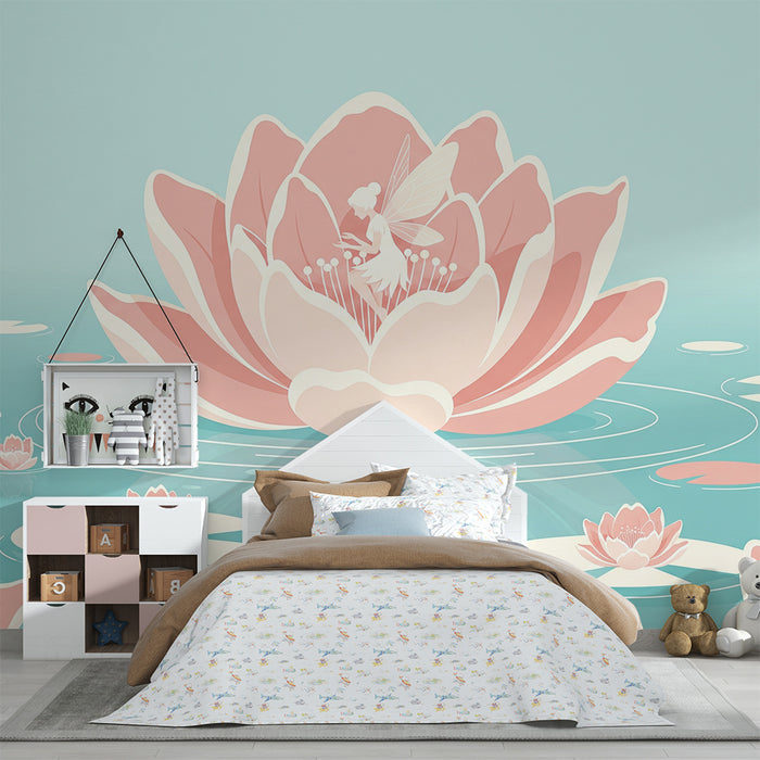 Papier peint chambre bébé | Fée délicate sur une fleur de lotus rose dans un étang paisible
