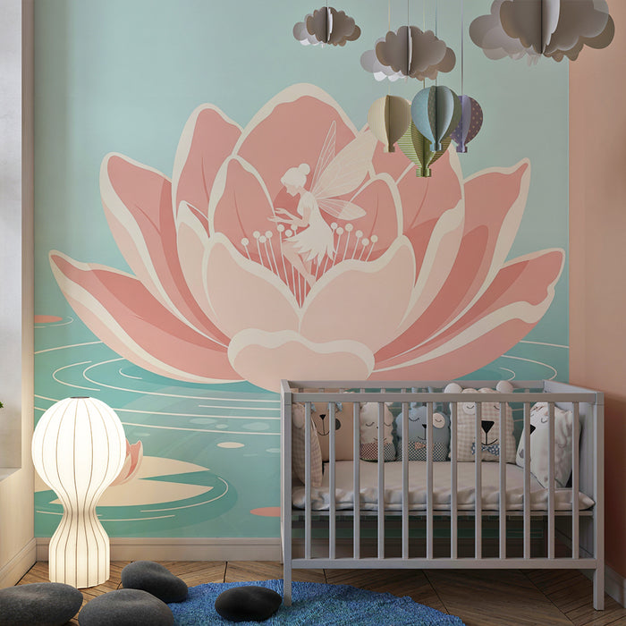 Papier peint chambre bébé | Fée délicate sur une fleur de lotus rose dans un étang paisible