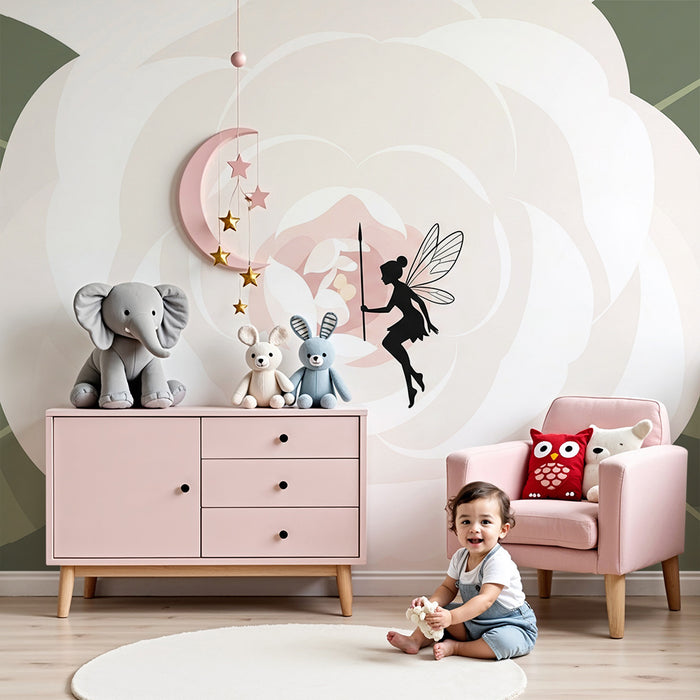 Papier peint chambre bébé | Fée délicate sur une pivoines douce et élégante