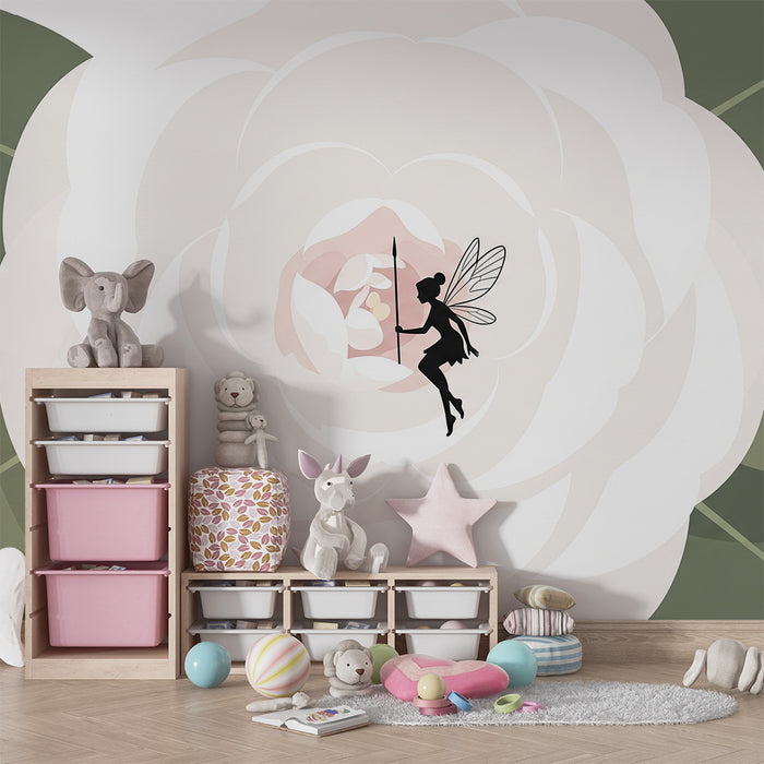 Papier peint chambre bébé | Fée délicate sur une pivoines douce et élégante