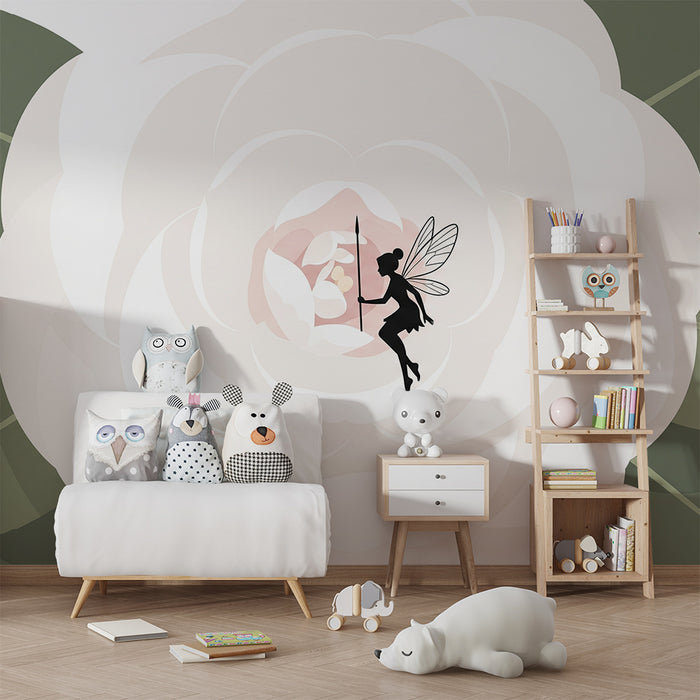Papier peint chambre bébé | Fée délicate sur une pivoines douce et élégante