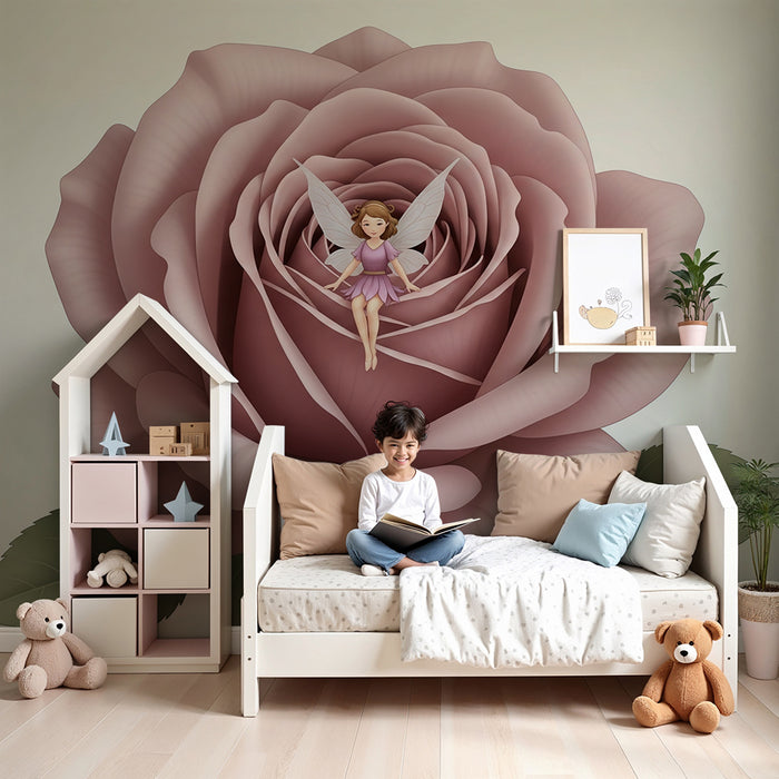 Papier peint chambre bébé | Fée délicate sur une rose élégante