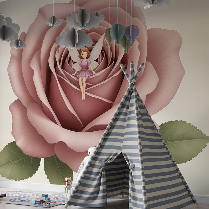 Papier peint chambre bébé | Fée délicate sur une rose élégante