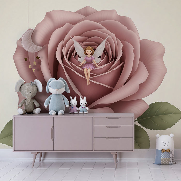 Papier peint chambre bébé | Fée délicate sur une rose élégante