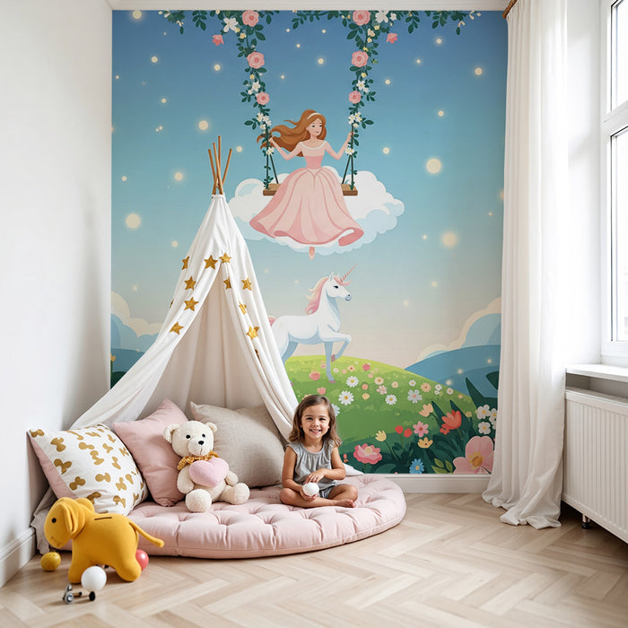 Papier peint chambre bébé | Fée des fleurs et licorne dans un ciel enchanté