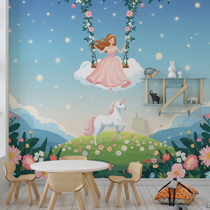 Papier peint chambre bébé | Fée des fleurs et licorne dans un ciel enchanté