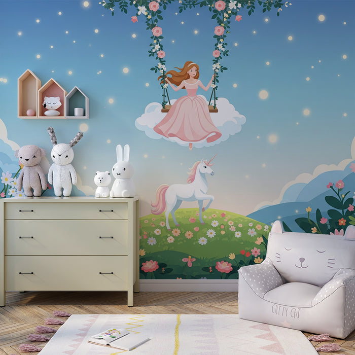 Papier peint chambre bébé | Fée des fleurs et licorne dans un ciel enchanté