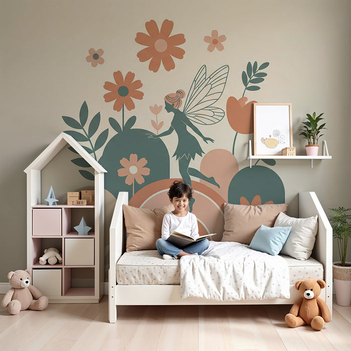 Papier peint chambre bébé | Fée enchantée au milieu de fleurs colorées