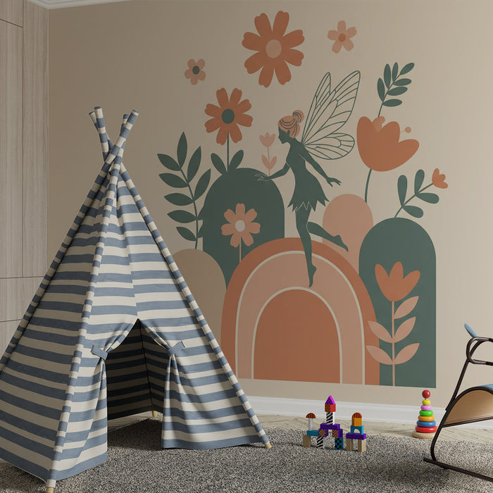 Papier peint chambre bébé | Fée enchantée au milieu de fleurs colorées