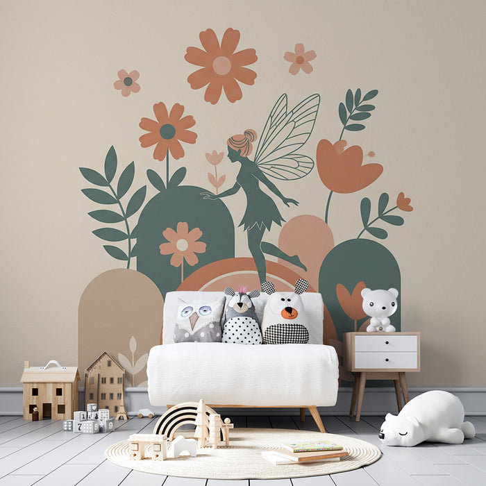Papier peint chambre bébé | Fée enchantée au milieu de fleurs colorées