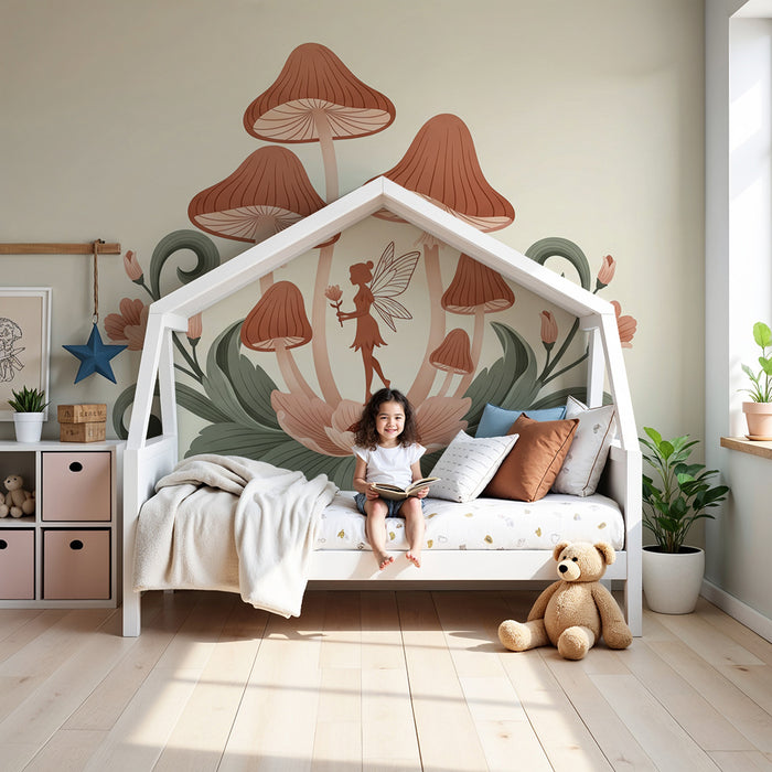 Papier peint chambre bébé | Fée enchantée au milieu des champignons et fleurs délicates