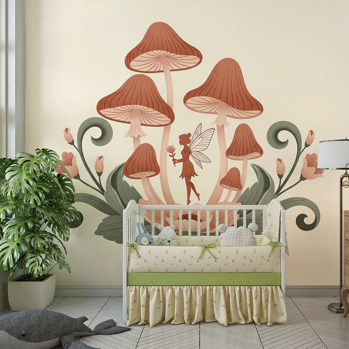 Papier peint chambre bébé | Fée enchantée au milieu des champignons et fleurs délicates