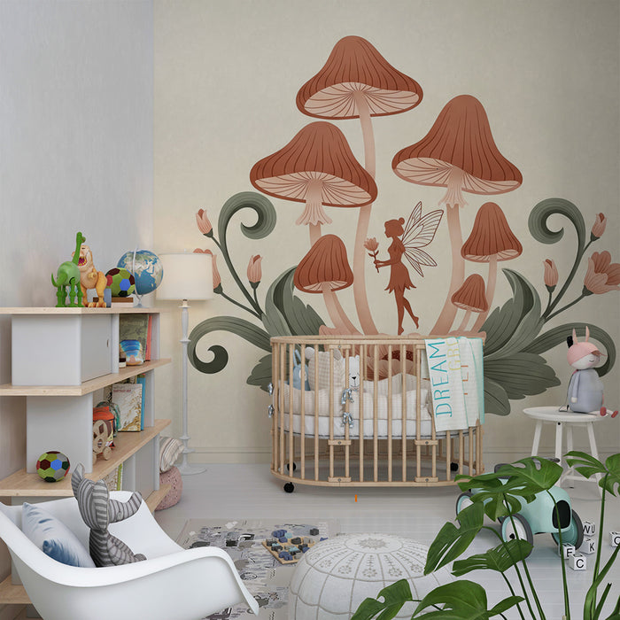Papier peint chambre bébé | Fée enchantée au milieu des champignons et fleurs délicates