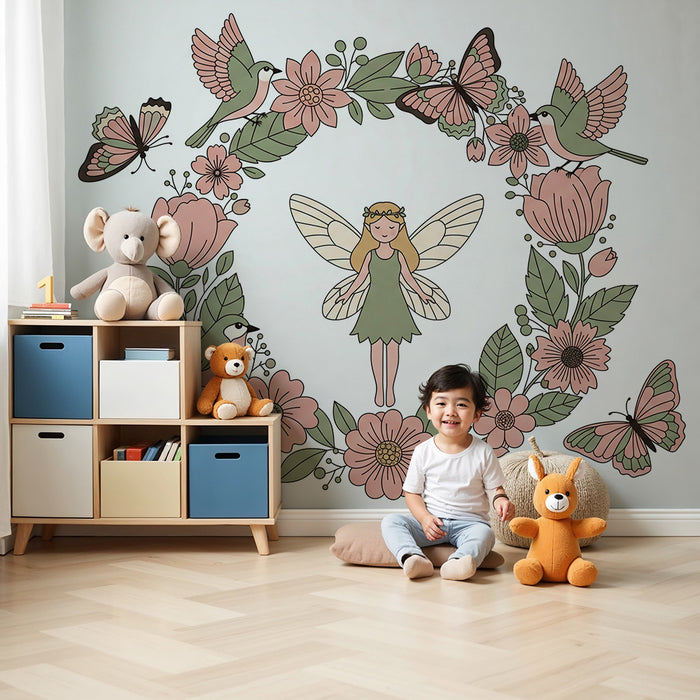 Papier peint chambre bébé | Fée enchantée entourée de fleurs et d'oiseaux colorés