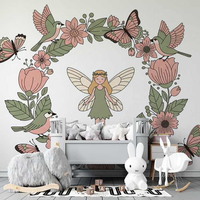 Papier peint chambre bébé | Fée enchantée entourée de fleurs et d'oiseaux colorés