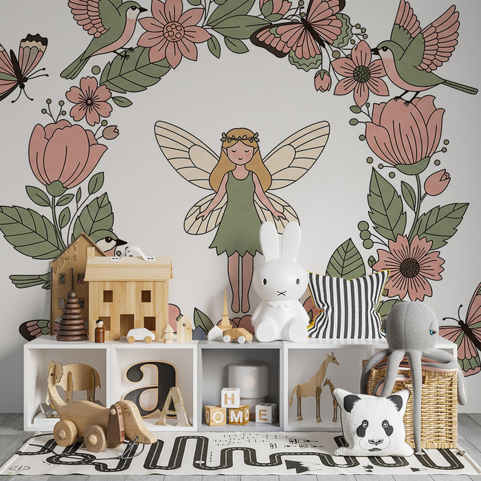 Papier peint chambre bébé | Fée enchantée entourée de fleurs et d'oiseaux colorés