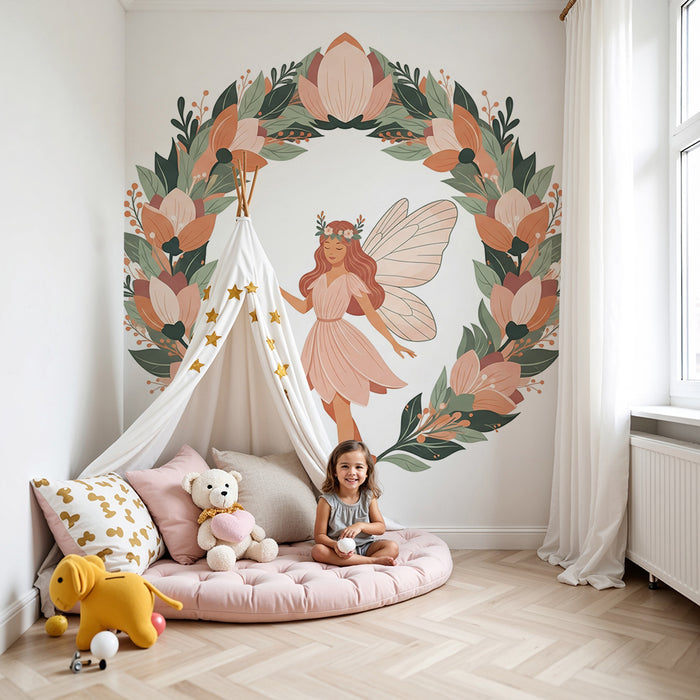 Papier peint chambre bébé | Fée enchantée entourée de pivoines délicates