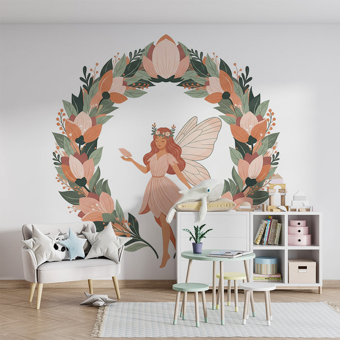 Papier peint chambre bébé | Fée enchantée entourée de pivoines délicates