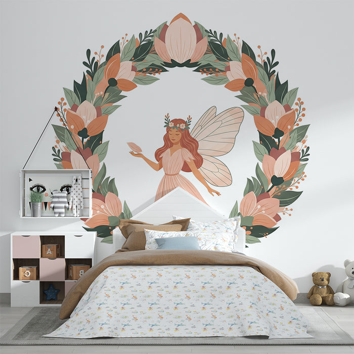 Papier peint chambre bébé | Fée enchantée entourée de pivoines délicates