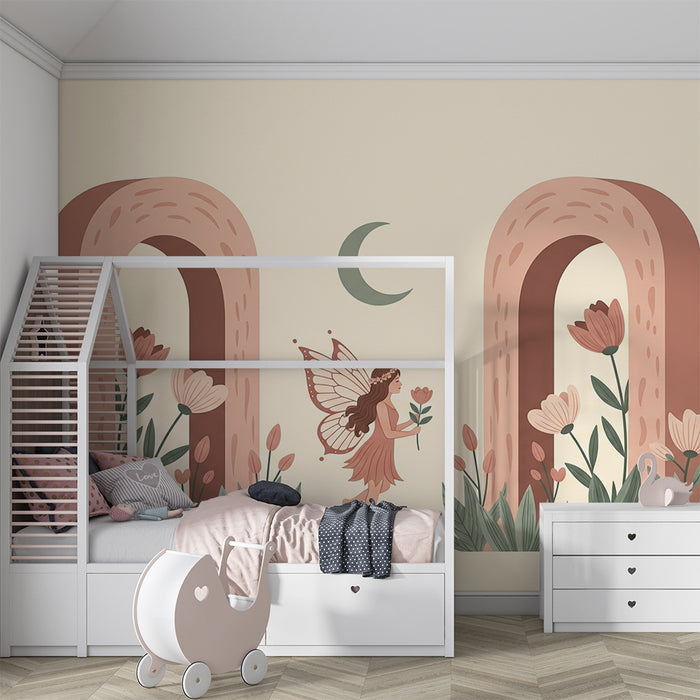 Papel de parede para quarto de bebé | Fada encantada e arcos florais em tons suaves