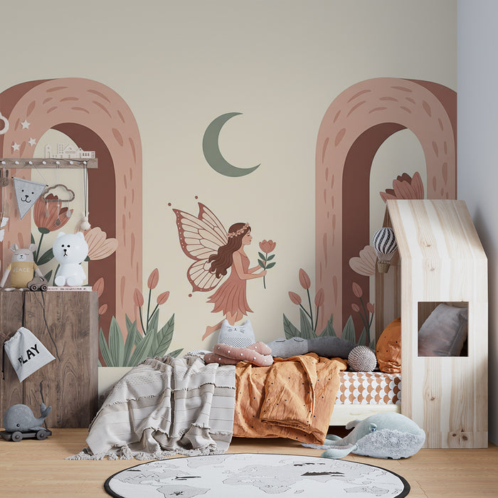 Papel de parede para quarto de bebé | Fada encantada e arcos florais em tons suaves