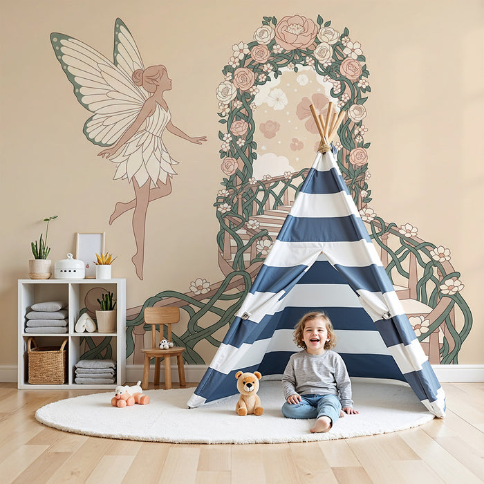 Tapete fürs Babyzimmer | Verzauberte Fee und Blumentreppe in eine magische Welt