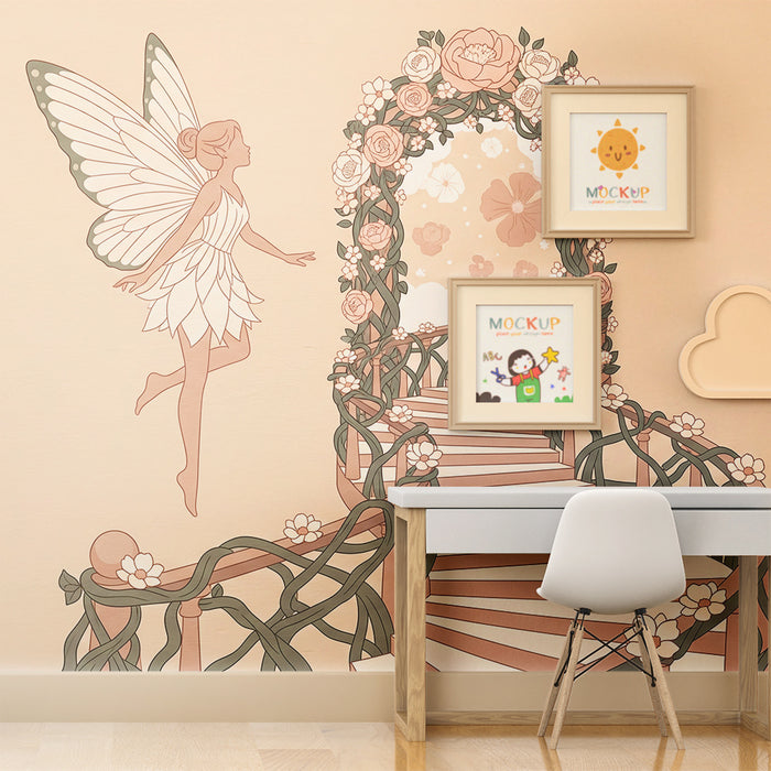 Tapete fürs Babyzimmer | Verzauberte Fee und Blumentreppe in eine magische Welt
