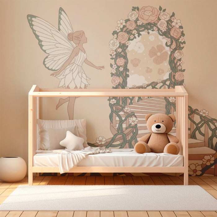 Tapete fürs Babyzimmer | Verzauberte Fee und Blumentreppe in eine magische Welt