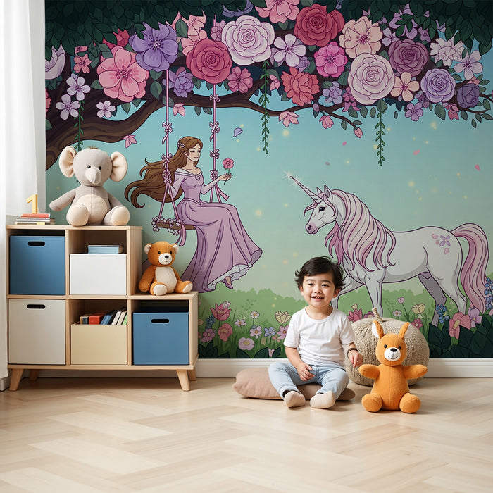 Babyzimmer-Tapete | Fee und Einhorn im Blütengarten