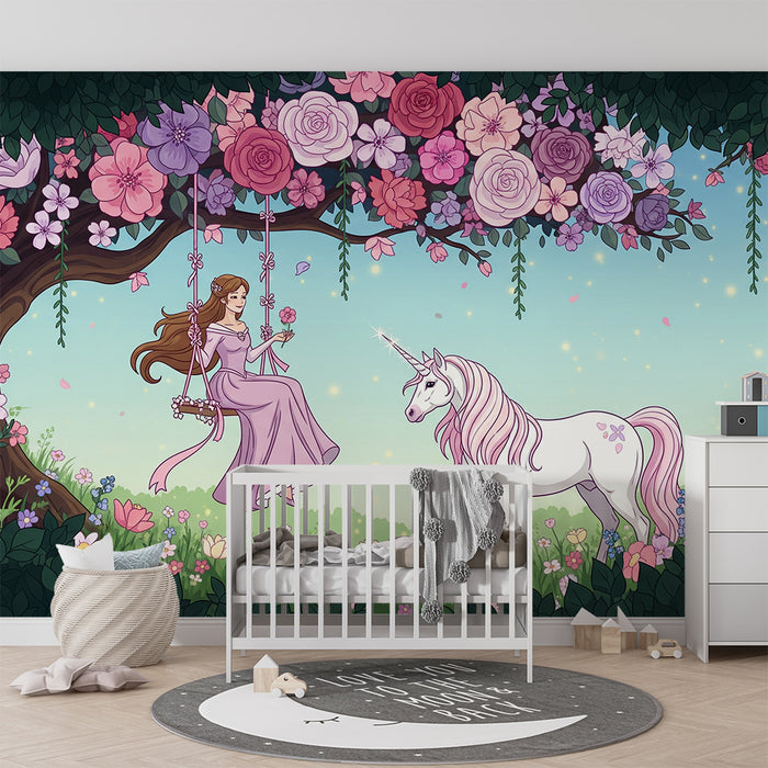 Babyzimmer-Tapete | Fee und Einhorn im Blütengarten
