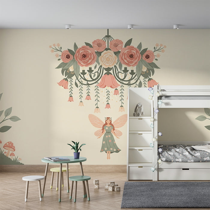 Papel de parede para quarto de bebé | Fada encantada sob um lustre floral com cogumelos e folhagem